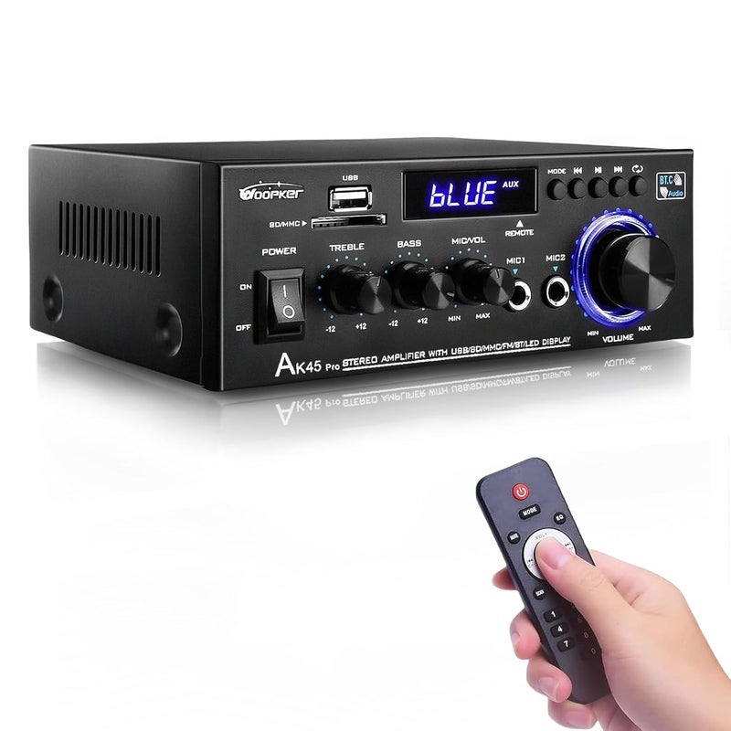 WOOPKER AK45 Pro Stereo Amplifier Home Audio, Stereo Receivers with Bluetooth 5.0,Max 400W, 2.0 Channel Audio Receiver for Home Theater Speakers w/USB/SD/RCA/2 MIC in for Karaok - Image 1